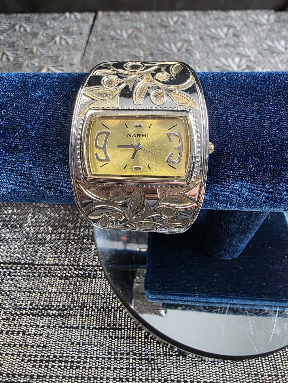 Narmi Silver/Gold Tone Ornate Floral Hinged Cuff Watch